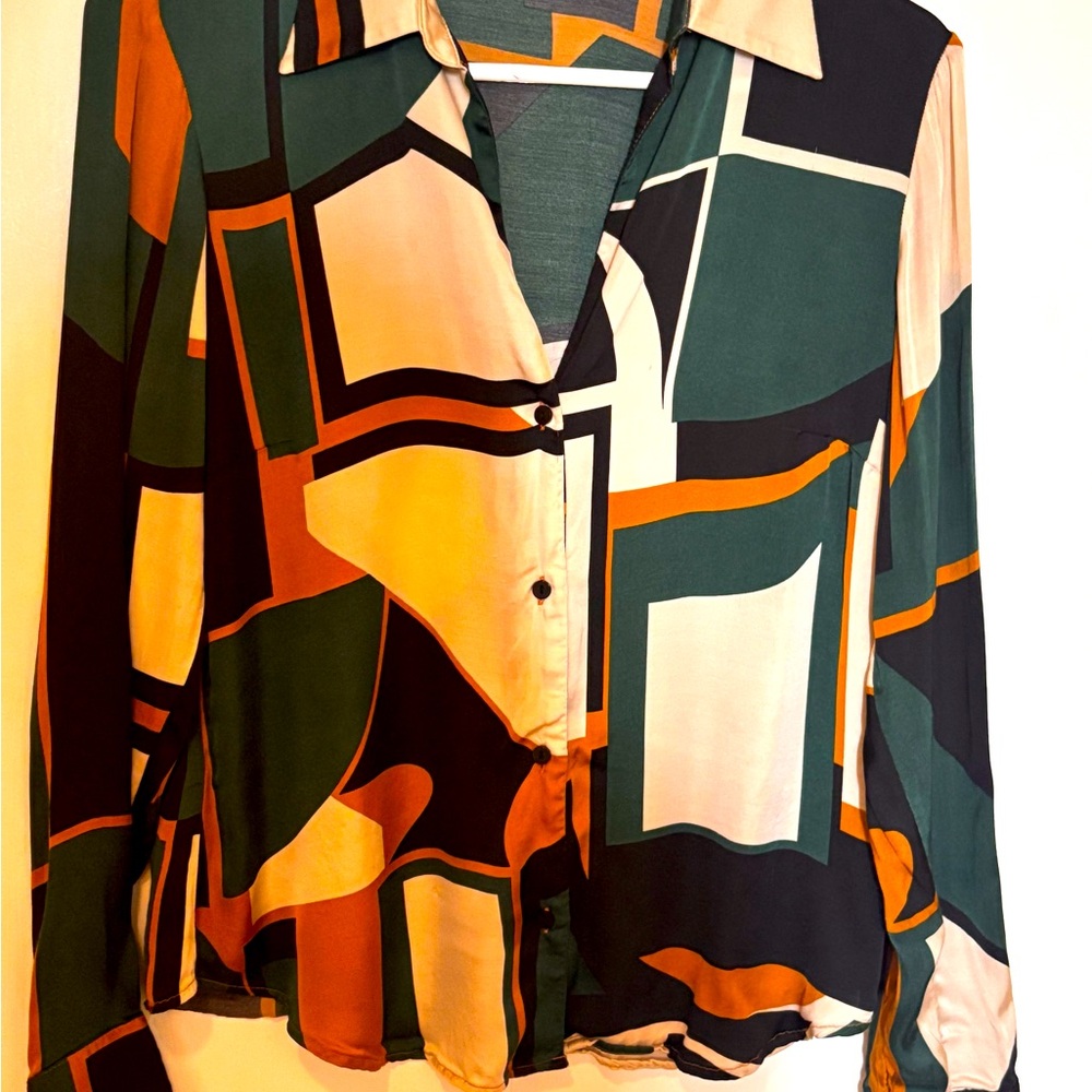 Mango Green and Orange Graphic Long Sleeve Button Down Shirt, Size 6